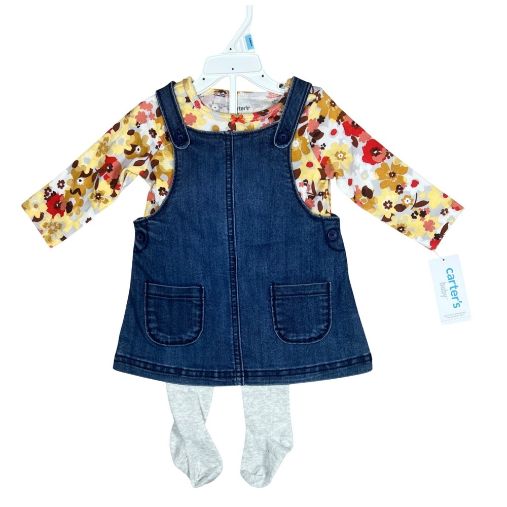 Carters Baby Girls 6M 3-Piece Denim Jumper Floral Bodysuit and Tights Set‎ NEW